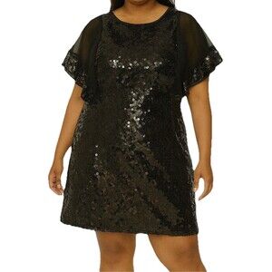 Ignite evenings Black Sequined Shift  Dress Size 10 Flutter Sleeve